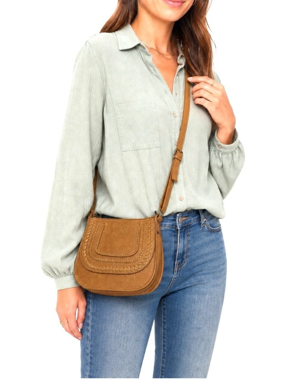 The Sak Bag Brown Leather Crossbody Saddle Flap Whipstitch Cottage Western Boho